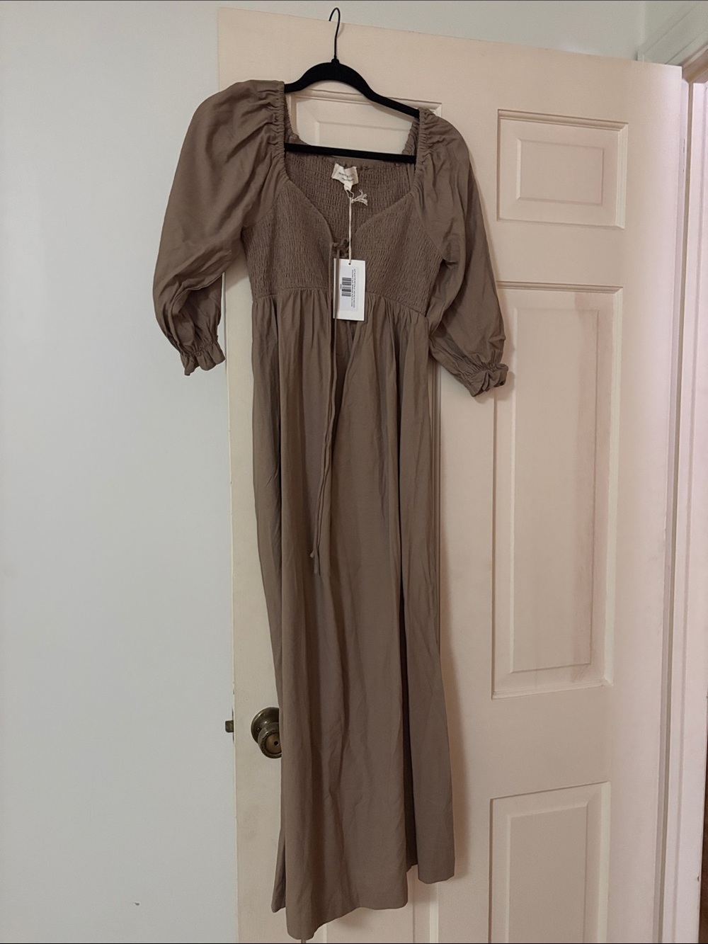 Smocked Bodice Taupe Maxi Dress with Puff Sleeves